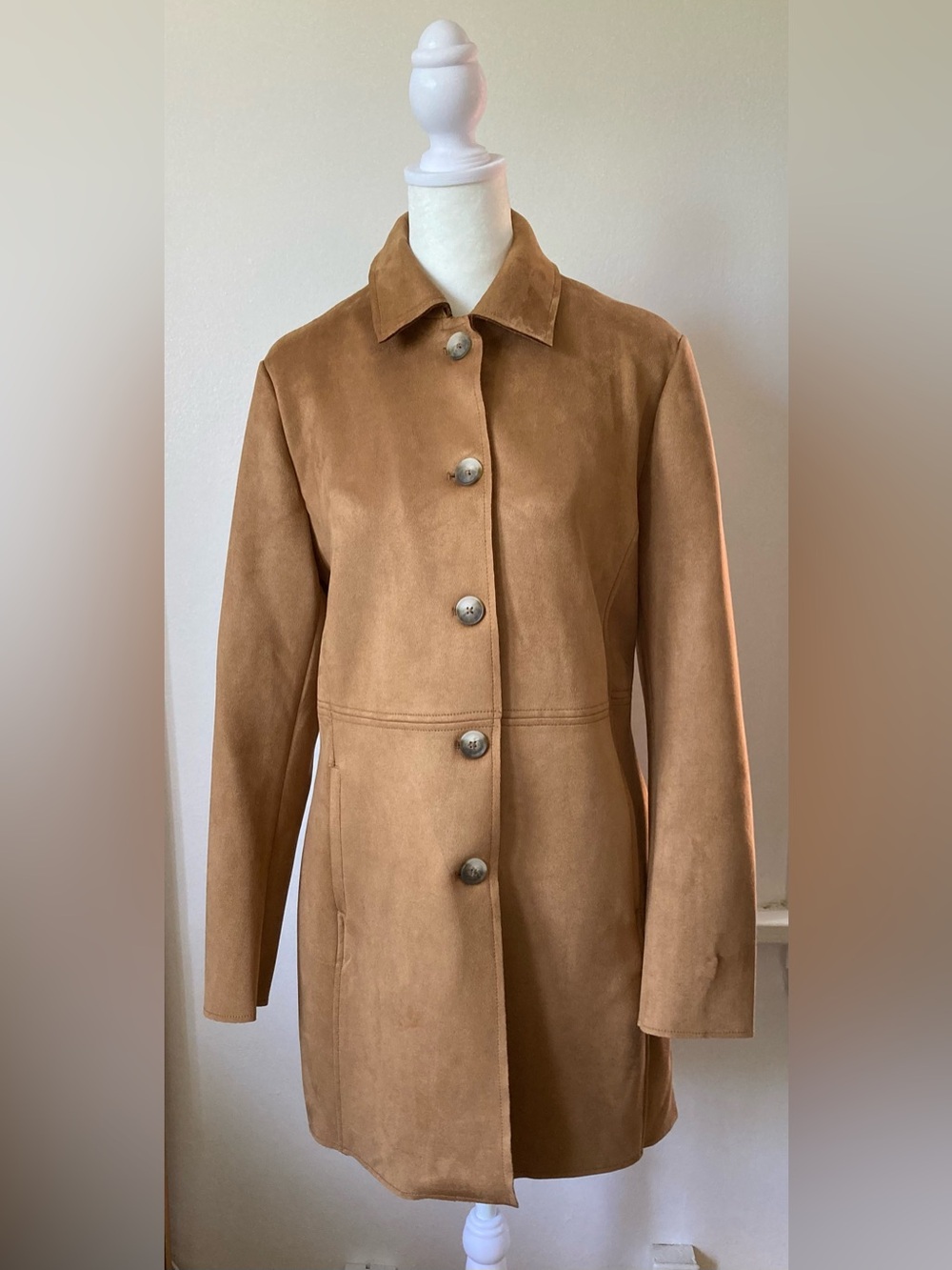 Waist 36" T Tahari Women’s Faux Suede Car Coat Button Front Pockets Tan